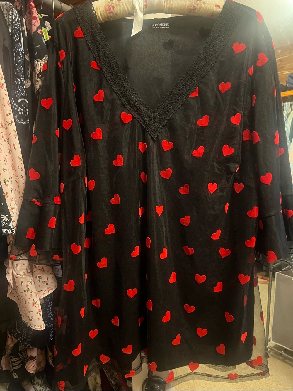 BloomChic Black Blouse with Red Heart Print